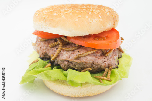 Burger of edible worms  with tomato and lettuce