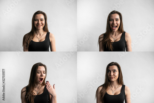 Set of young woman's portraits with different emotions. Young beautiful cute girl showing different emotions. Laughing, smiling, anger, suspicion, fear, surprise.
