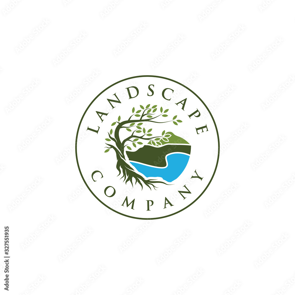 Obraz premium Tree and roots logo design vector isolated on beach and mountain Landscape