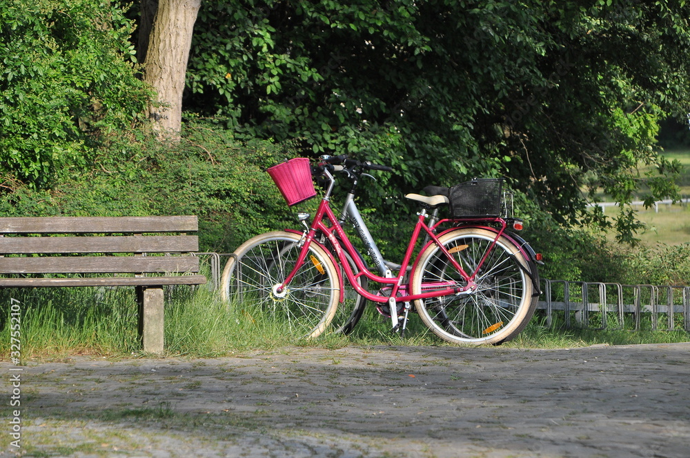 Pinkes Fahrrad neben einer Bank im Park