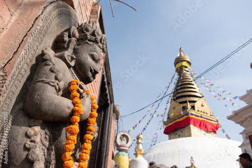 Nepal Kathmandu swayambhunath temple or Monkey temple is an ancient religious architecture  on hill in the Kathmandu Valley.Swayambhunath is a famous place tourist attrraction in Nepal. photo