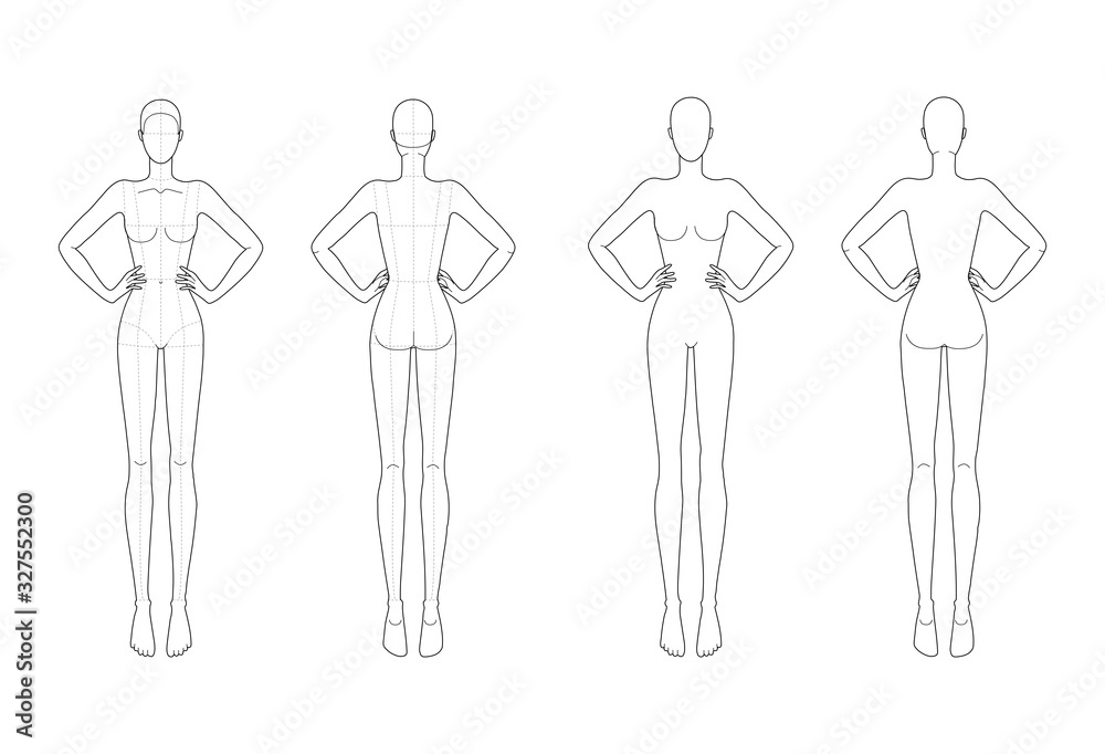 Fashion template 9 head for technical drawing with and without main lines. Fashion template 9 head for technical drawing with and without main lines.