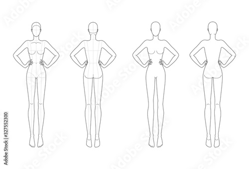 Fashion template 9 head for technical drawing with and without main lines. 