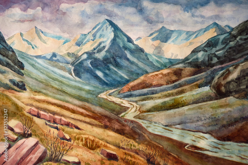 Fototapeta Naklejka Na Ścianę i Meble -  Watercolor illustration. Landscape of a mountain valley sunset, sunrise. Art painting.