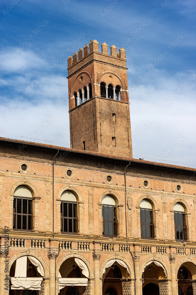 Closeup of the Palazzo del Podesta (1200 - XV century) and Arengo Tower in Piazza Maggiore, Bologna downtown, Emilia-Romagna, Italy, Europe