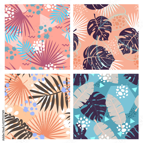 Jungle leaves flat vector seamless patterns set. Creative memphis style tropical foliage texture. Abstract colorful rainforest flora decorative background. Vintage wallpaper, floral textile design.