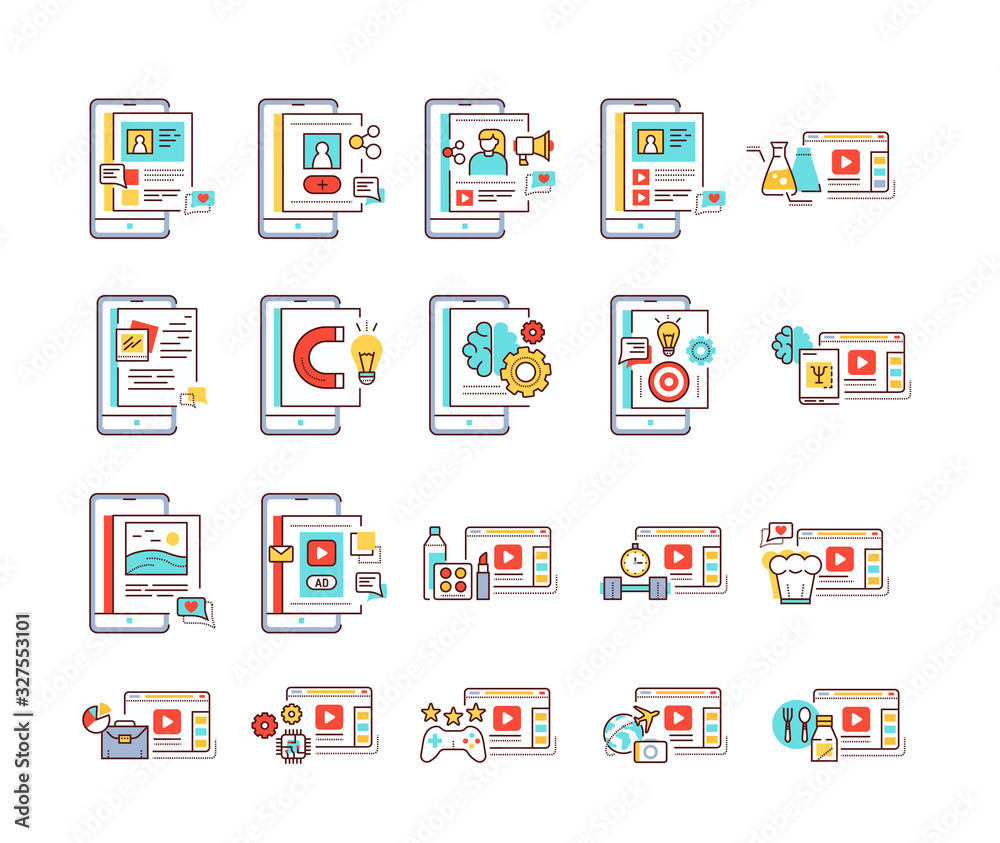 Blogging on web site and smartphone color line icons set. Content promotion video streaming. Vlogging. Pictograms for web page, mobile app, promo. UI UX GUI design elements. Editable stroke.