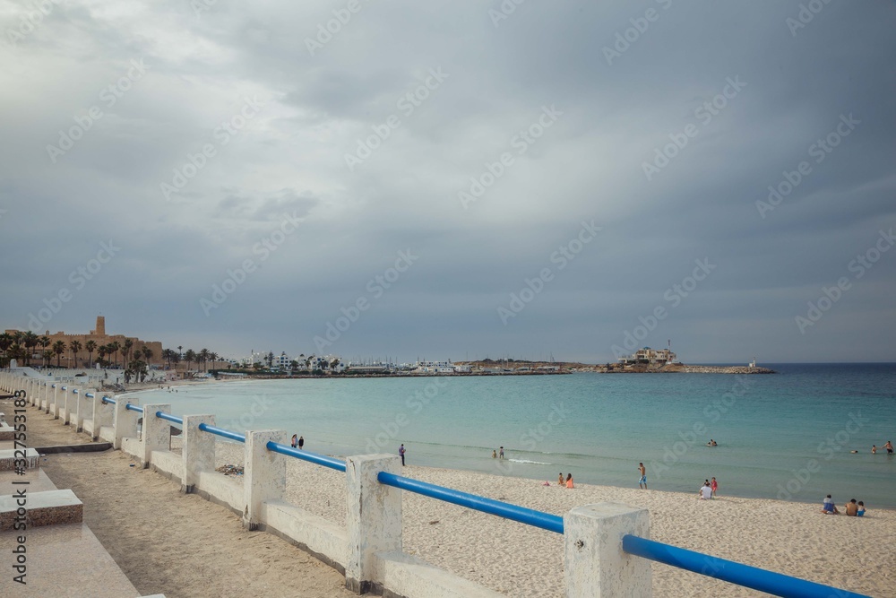 View of the central city beach of Monastir from the promenade, Tunisia, North Africa