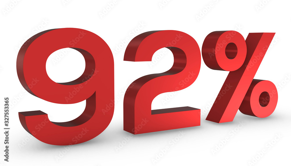 Number Ninety Two Percent 92% Red Sign 3D Rendering Isolated on White Background Number Ninety Two Percent 92% Red Sign 3D Rendering Isolated on White Background