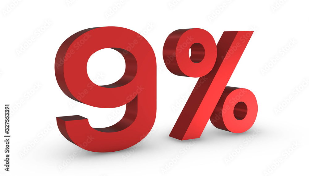Number Nine Percent 9% Red Sign 3D Rendering Isolated on White Background Number Nine Percent 9% Red Sign 3D Rendering Isolated on White Background