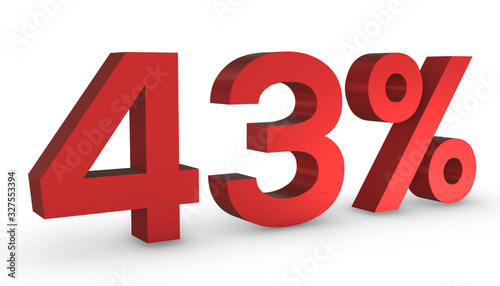 Number Fourty Three Percent 43% Red Sign 3D Rendering Isolated on White Background