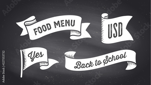Ribbon Banner. Set of black and white ribbon banner with text, phrase. White isolated vintage old school silhouette ribbon with text Food Menu, USD, Yes on black chalk board. Vector Illustration