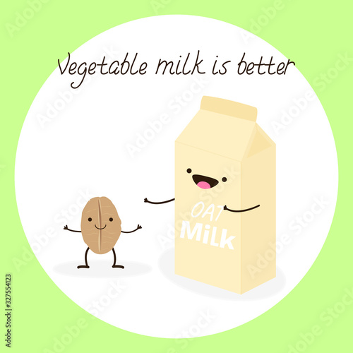 Vector illustration with funny smiling oat flake and board box of vegetable milk. Template for poster, web and advertising banner, print, flyer, promotion of products or for design packaging, article.