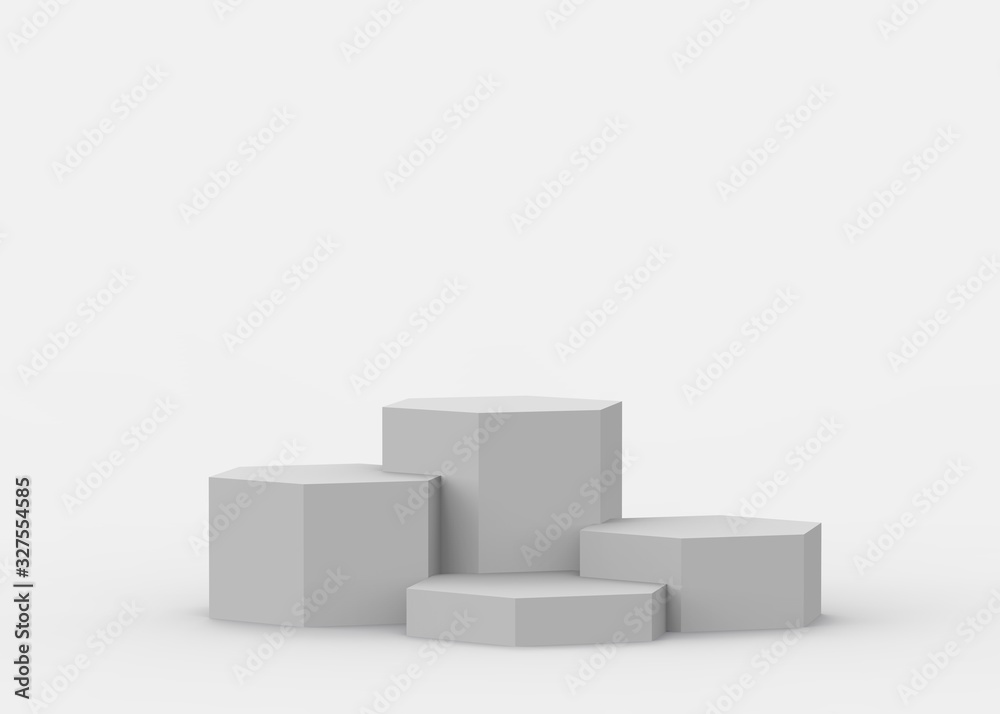 3d white gray hexagon podium minimal studio background. Abstract 3d geometric shape object illustration render. Display for cosmetics and beauty fashion product. 3d white gray hexagon podium minimal studio background. Abstract 3d geometric shape object illustration render. Display for cosmetics and beauty fashion product.