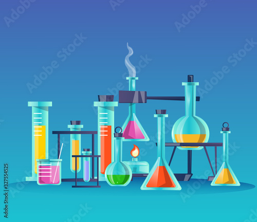 Glass flasks flat vector illustration. Scientific laboratory items, chemical lab equipment, experiment attributes. Containers with color liquid in cartoon style isolated on blue background.