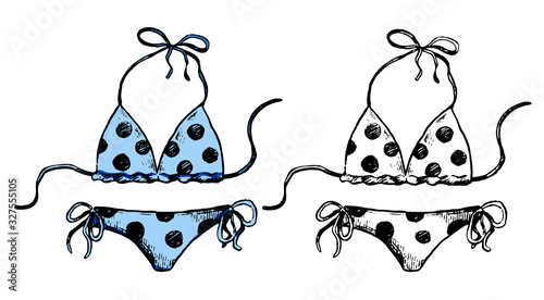 Hand drawn vector illustration. Set of contour and color drawing isolated on white. Polka Dot Bikini Swimsuit. Doodles element for design, card, print, sticker. Vintage, ink sketch, realistic style.