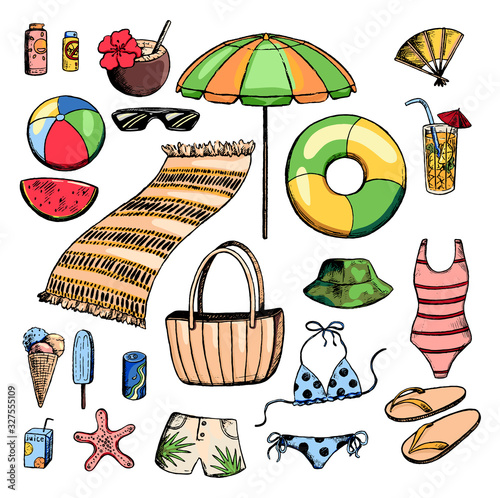 Hand drawn vector illustration. Set of accessories for a beach vacation. Holidays at sea, summer, beach. Vacation theme collection in sketch style. Bright colored cartoon elements isolated for design.