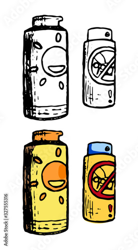 Hand drawn vector illustration. Set of contour and color drawing isolated on white. Sunblock protective cream, Insect spray. Doodle element for design, sticker. Vintage, ink sketch, realistic style.