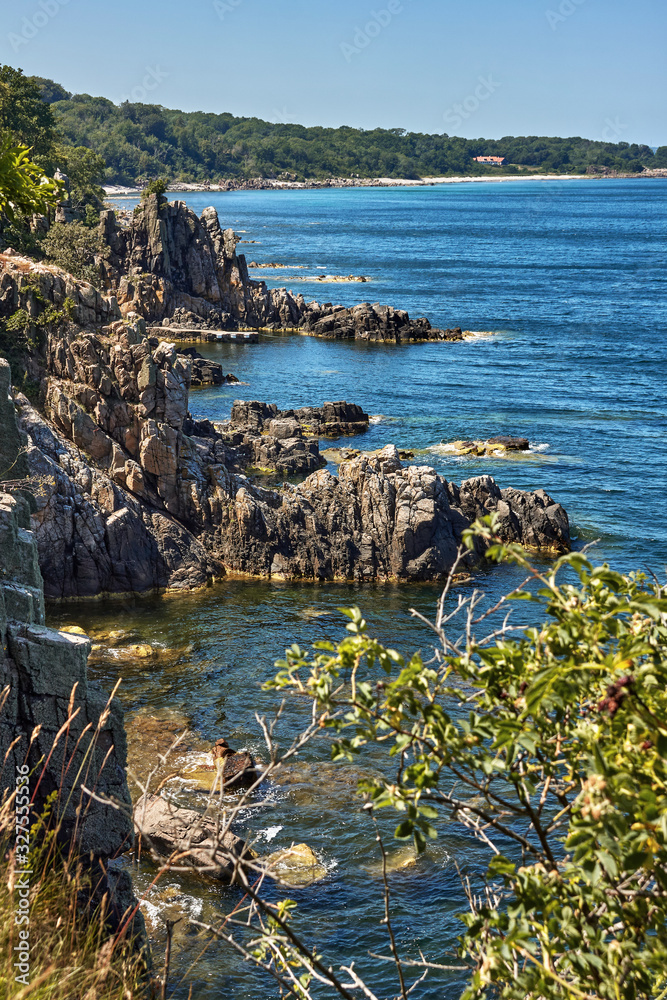 Helligdomsklipperne (Sanctuary Rocks) rocky coastline in the vicinity of Gudhjem Bornholm island, Denmark.