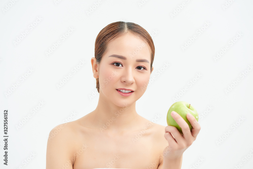 healthy eating, diet and people concept - smiling young woman with green apple at home healthy eating, diet and people concept - smiling young woman with green apple at home