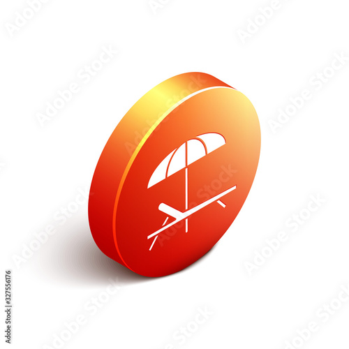 Isometric Sunbed icon isolated on white background. Beach umbrella and Sun lounger. Orange circle button. Vector Illustration