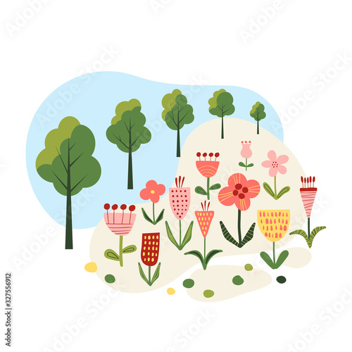 Urban jungle, flower park, hand drawn vector illustration