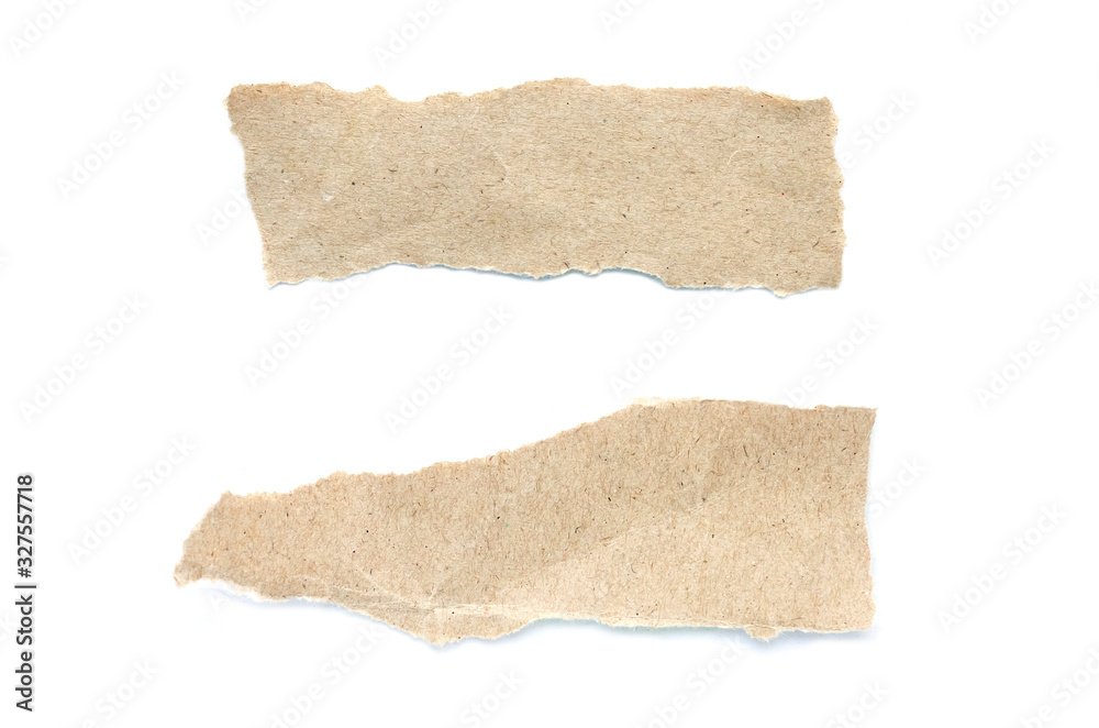 Recycled paper craft stick on a white background. Brown paper torn or ripped pieces of paper isolated on white background.