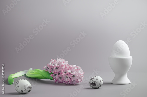 Concept spring, Easter. white egg on the stand, pink hyacinth and quail eggs
