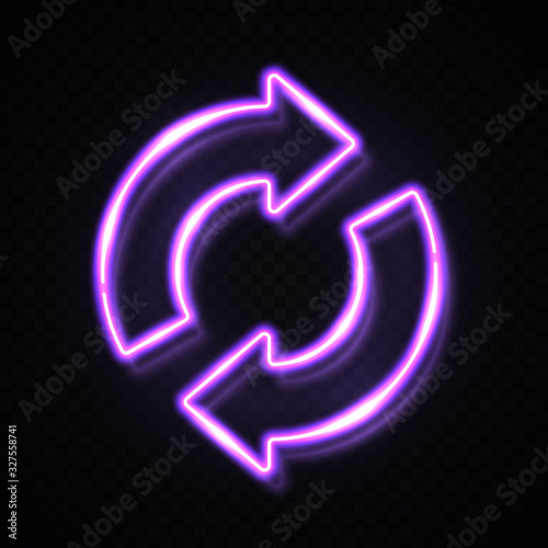 Purple neon light recycling symbol isolated on dark transparent background. Glowing led illuminated recycle logo ecology icon. Waste eco 2 arrows in circle sign. Bright ecological vector illustration.