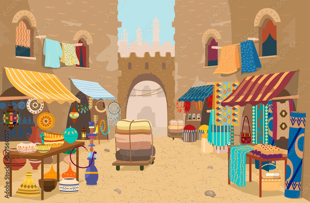 Ταπετσαρία Vector illustration of Indian street bazaar with different shops: ceramics, carpets and fabrics, spices, jewelry