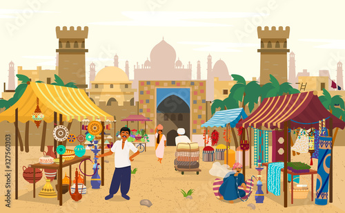 Vector illustration of Indian market with people and different shops with ancient cityscape at the background.Ceramics, fabrics, carteps,spices, sweets, vegetables. Asian characters. Asian bazaar.