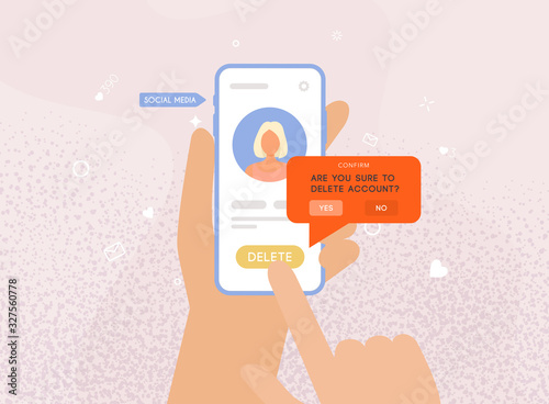 Hands deleting account an account from social network on smartphone. Vector illustration.