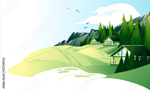 Summer mountain rest landscape with rest houses