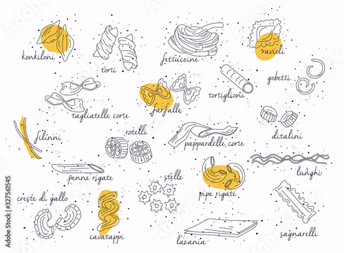 Vector hand drawn pasta set. Vintage line art illustration.