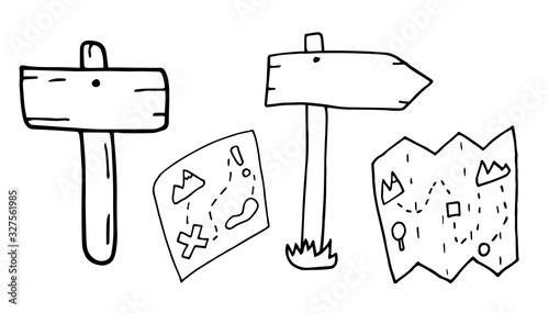 Doodle Wood Signs And Direction Arrows with maps. Illustration of a set of hand drawn sketched design wood panels and road signs.