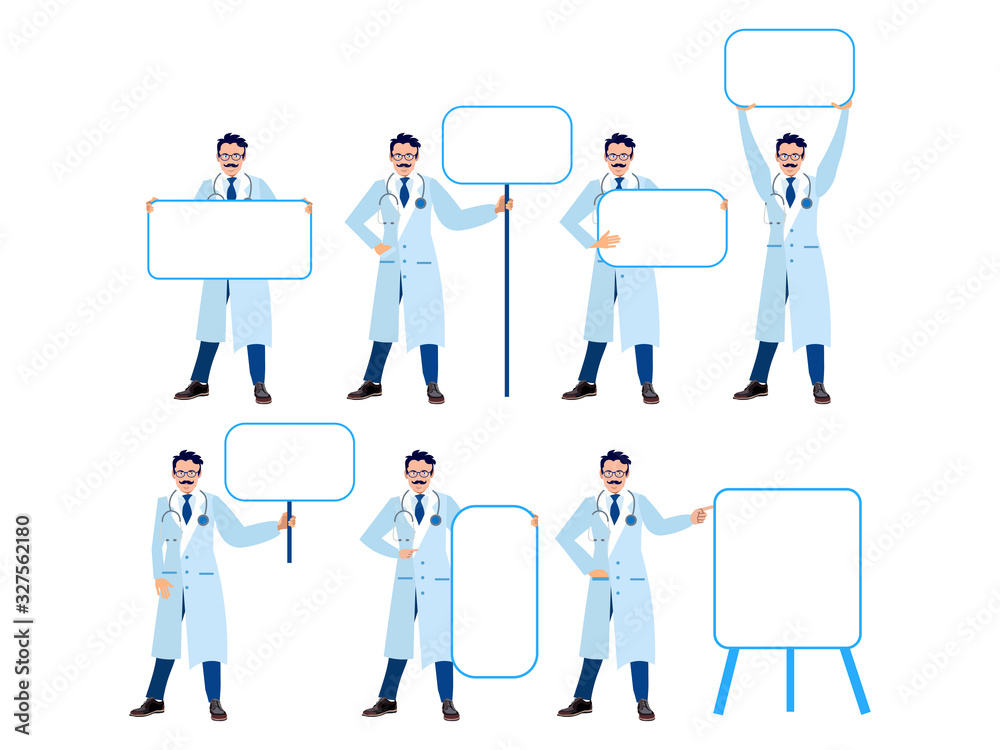 Set, isolated on white background man doctor. Different poses, point to the tables. Cartoon raster flat Set, isolated on white background man doctor. Different poses, point to the tables. Cartoon raster flat