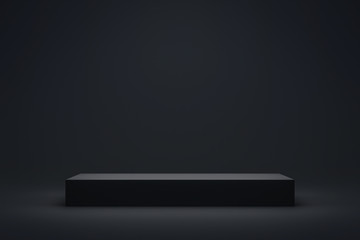 Black podium or pedestal display on dark background with long platform. Blank product shelf standing backdrop. 3D rendering.