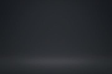 Empty black background and spotlight in centre with studio for showing or design. Dark backdrop and abstract template.  Realistic 3D render.
