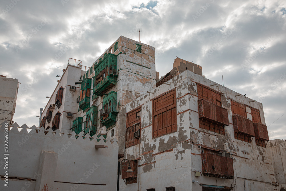 Historic City of Jeddah, old Houses , in a cloudy sky Saudi Heritage. Jeddah, Saudi Arabi 2020