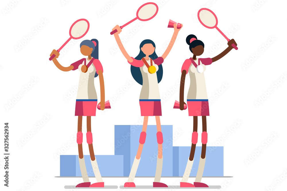 Crowd of persons celebrate summer games athletics medal. Sportive people celebrating badminton team. Badminton player athlete symbol victory celebration. Sports cartoon symbolic flat vector Crowd of persons celebrate summer games athletics medal. Sportive people celebrating badminton team. Badminton player athlete symbol victory celebration. Sports cartoon symbolic flat vector