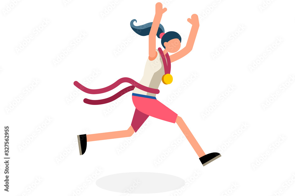 Female person celebrate summer games athletics medal. Sportive people  celebrating track and field running team. Runner athlete symbol on victory  celebration. Sports cartoon symbolic vector Stock Vector | Adobe Stock