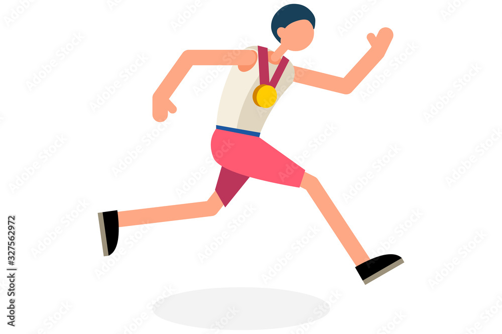 Male person celebrate summer games athletics medal. Sportive people celebrating track and field running team. Runner athlete symbol on victory celebration. Sports cartoon symbolic vector illustration.
