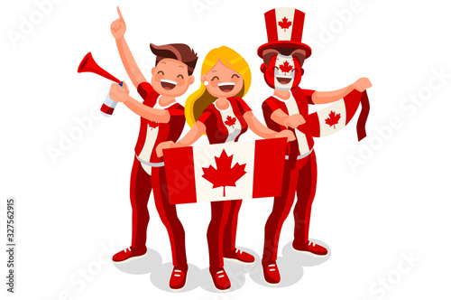 Crowd of persons celebrate national day of Canada with a flag. Canadian people celebrating a football team. Soccer symbol and victory celebration. Sports cartoon symbolic flat vector illustration