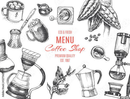 Illustration with an alternative way of brewing coffee. Alternative coffee brewing methods sketch.