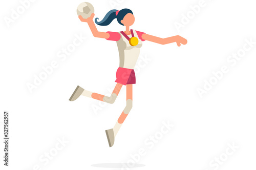 Female person celebrate summer games athletics medal. Sportive people celebrating handball team. Handball player athlete symbol on victory celebration. Sports cartoon symbolic flat vector illustration © Aurielaki