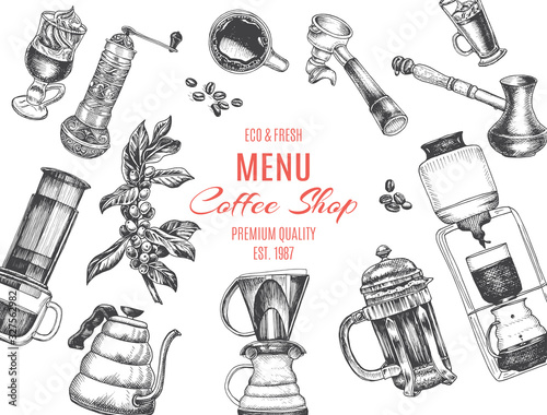 Illustration with an alternative way of brewing coffee. Alternative coffee brewing methods sketch.