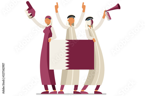 Crowd of persons celebrate national day of Qatar with a flag. Qatari people celebrating a football team. Soccer symbol and victory celebration. Sports cartoon symbolic flat vector illustration