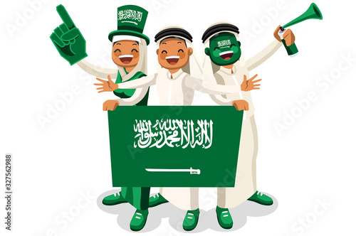 Crowd of persons celebrate national day of Saudi Arabia with a flag. Saudi people celebrating a football team. Soccer symbol and victory celebration. Sports cartoon symbolic flat vector illustration