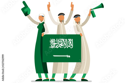 Crowd of persons celebrate national day of Saudi Arabia with a flag. Saudi people celebrating a football team. Soccer symbol and victory celebration. Sports cartoon symbolic flat vector illustration