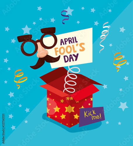 april fools day with surprise box and crazy mask vector illustration design
